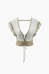 Contrast Openwork Knit V-neck Top And Mini Skirt Set